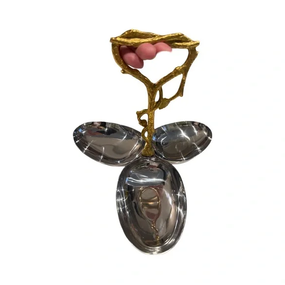 New Stainless steel candy dish 3 section with brass flower handle - Picture 4 of 8